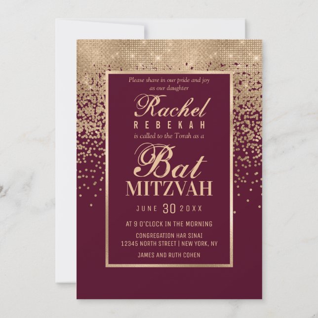 Rote Rose Gold Glitzer Confetti Foto Bat Mitzvah Einladung (Rückseite)