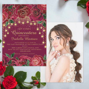 Rote Rose Gold Lichterkette Stern Foto Quinceañera Einladung
