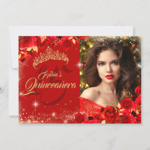 Rote Rose Gold Quinceanera Foto Einladung
