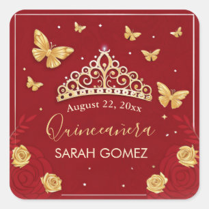 Rote Rose Gold Quinceanera Quadratischer Aufkleber