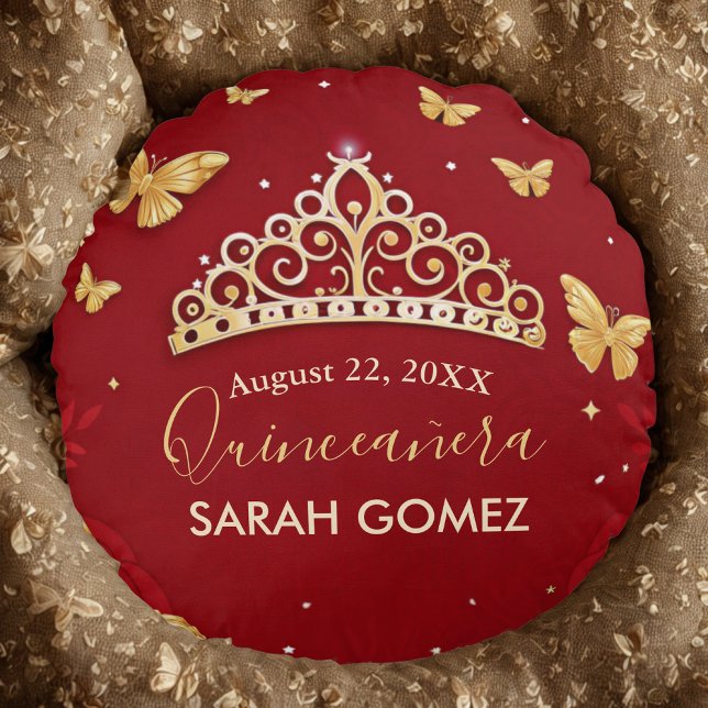 Rote Rose Gold Quinceanera Rundes Kissen (Von Creator hochgeladen)
