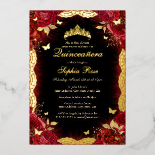 Rote Rose Gold Schmetterling Spitze Quinceanera Ge Folieneinladung