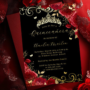 Rote Rose Gold Schwarzes Blumenstrudel Quinceanera Folieneinladung