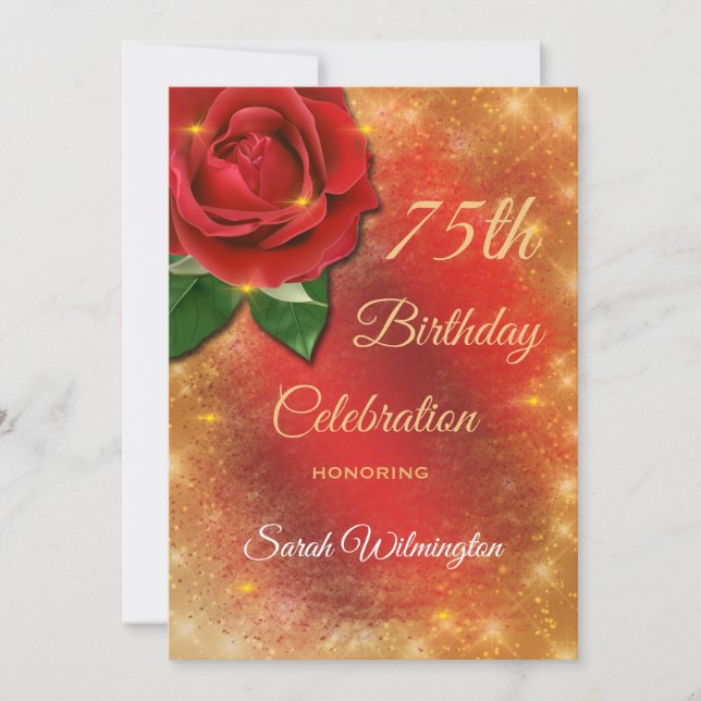 Rote Rose Gold Sparkle Satin 75. Geburtstag Einladung (Vorderseite)