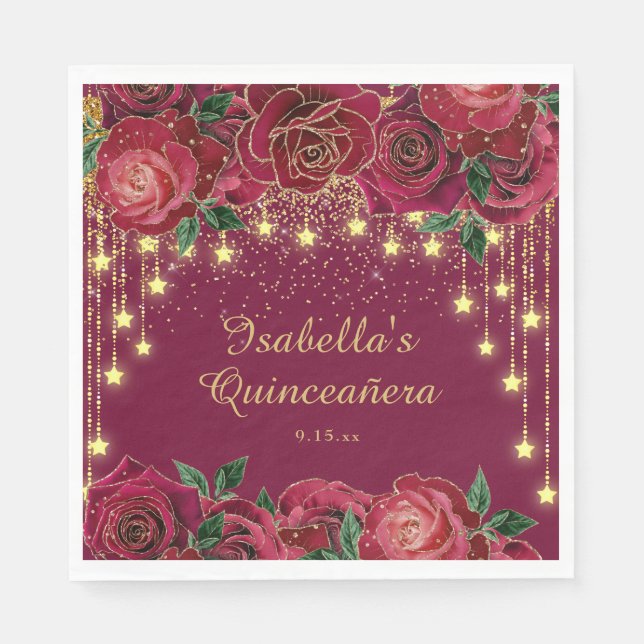 Rote Rose Gold String Light Stars Quinceñera Serviette (Vorderseite)