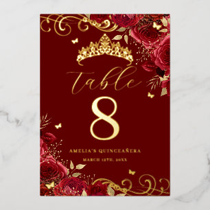 Rote Rose Gold Swirl Quinceanera-Tischnummer  Folieneinladung