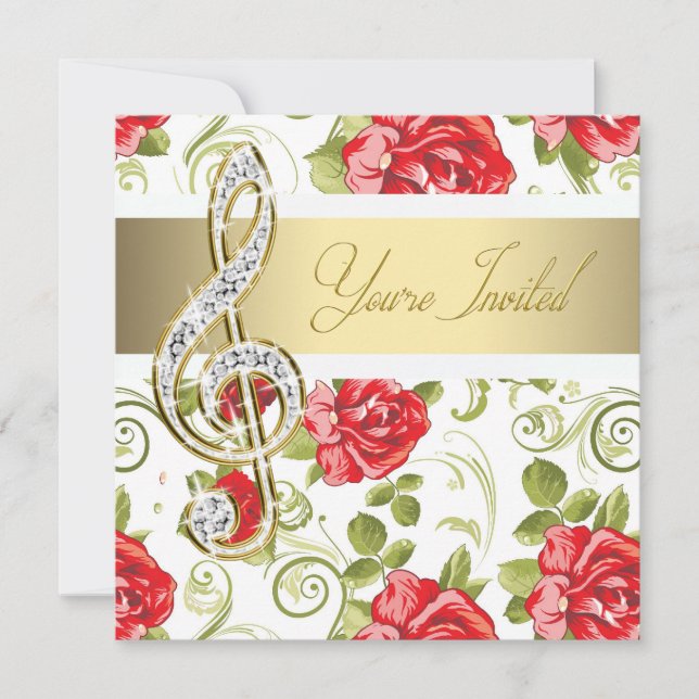Rote Rose Gold Treble Clef Einladung (Vorderseite)