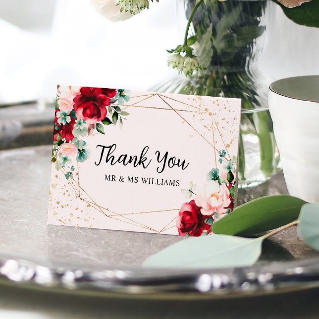 Rote Rose & Gold Watercolor Wedding Dankeschön Car Dankeskarte (Von Creator hochgeladen)