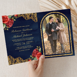 Rote Rose Goldene Spitze Navy Blau QR-Code Foto Ho Einladung