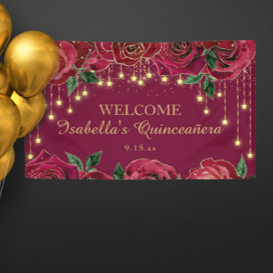 Rote Rose Goldene Sterne Quinceañera Willkommen Banner