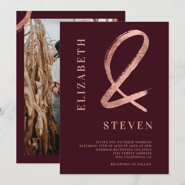 Rote Rose Goldmakler und Namen Foto Hochzeit Einladung (Vorne/Hinten)