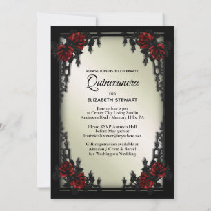 Rote Rose Gothic Quinceañera Iron Gate Olivenöl Einladung