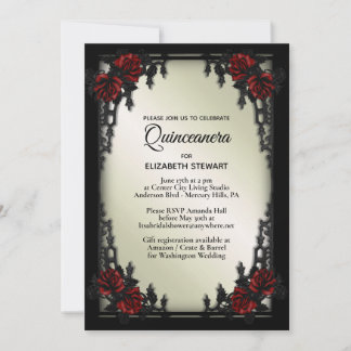 Rote Rose Gothic Quinceañera Iron Gate Olivenöl Einladung