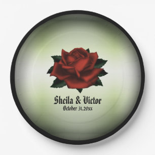 Rote Rose Gotische Hochzeitnamen und Datum Grün Pappteller