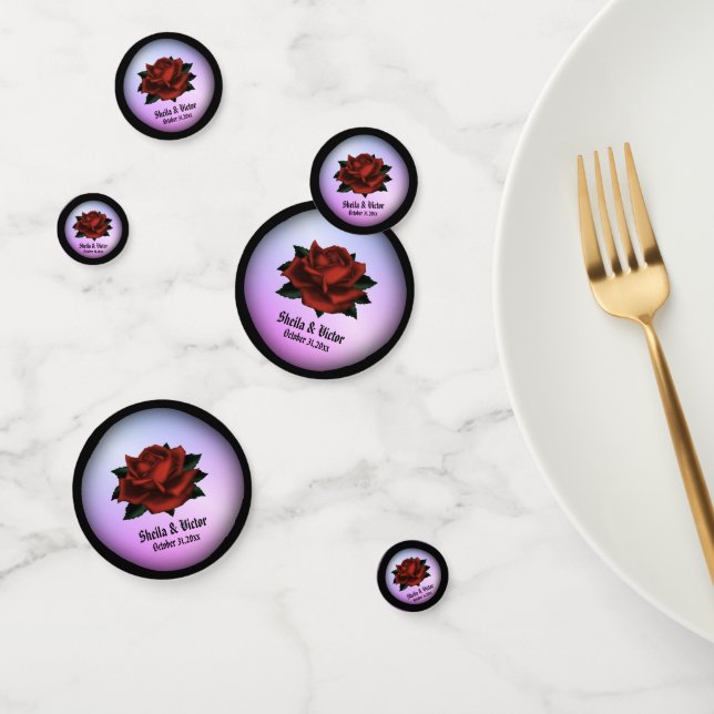 Rote Rose Gotische Hochzeitnamen und Datum Lila Konfetti (Gruppe)