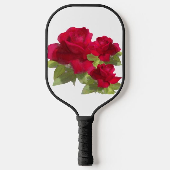 Rote Rose grün Blätter Weibchen Farbe: Schwarz Pickleball Schläger (Vorderseite)