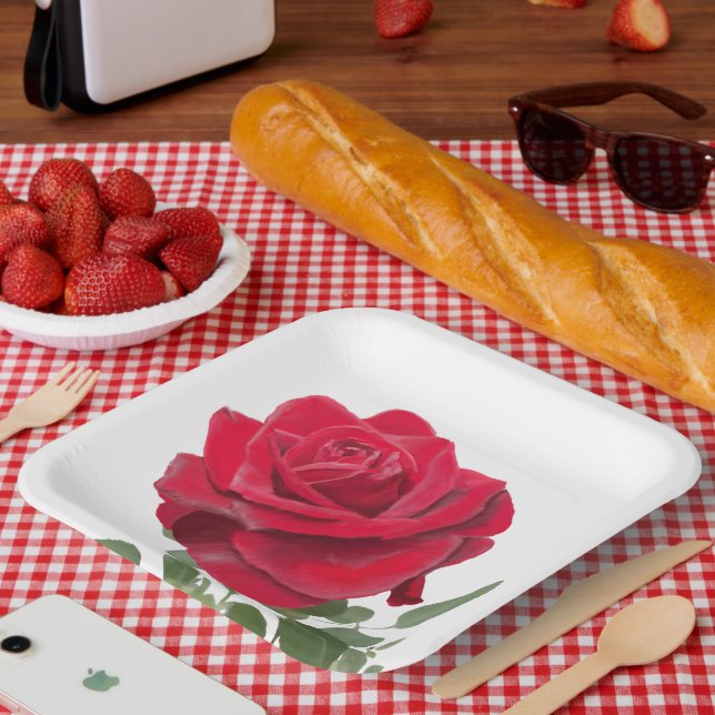 Rote Rose - handgestrichen Pappteller (Picknick)