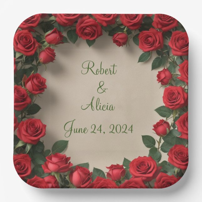 Rote Rose Hochzeit Pappteller (Vorderseite)