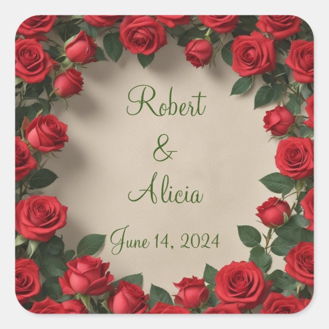 Rote Rose Hochzeit Quadratischer Aufkleber (Vorderseite)