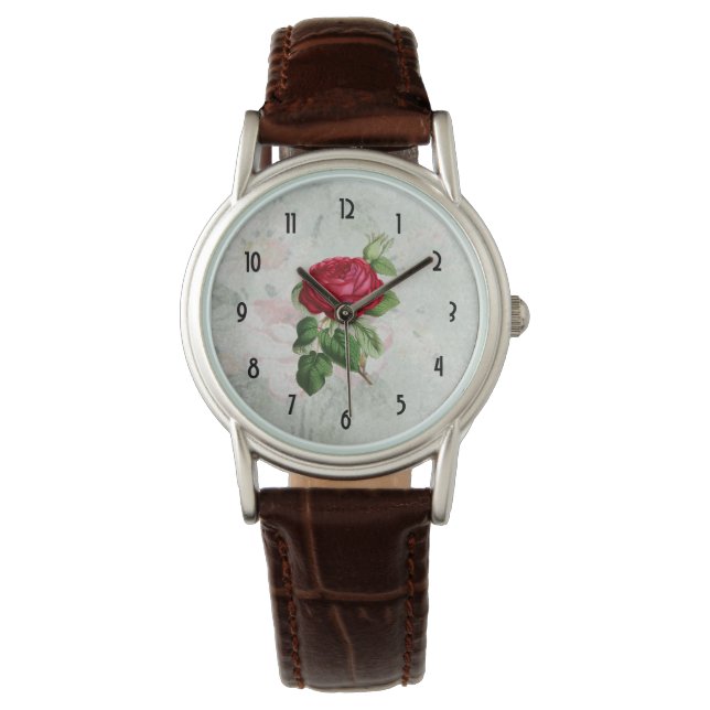 Rote Rose Illustration auf Imitaten Vintages Perga Armbanduhr (Vorderseite)