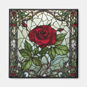 Rote Rose im Fenster mit Weinrankenrand im Buntgla Magnet