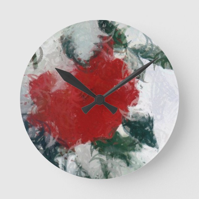 Rote Rose im Schnee Runde Wanduhr (Vorderseite)