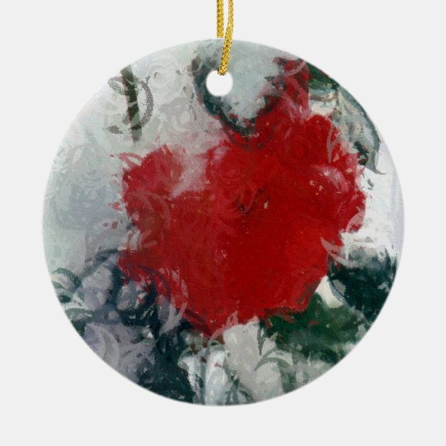 Rote Rose im Schneezauber Keramik Ornament (Vorne)