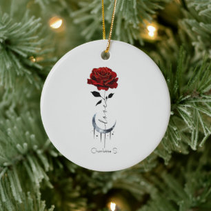 Rote Rose im Tattoo-Stil und Mondmond im Crescent- Keramik Ornament