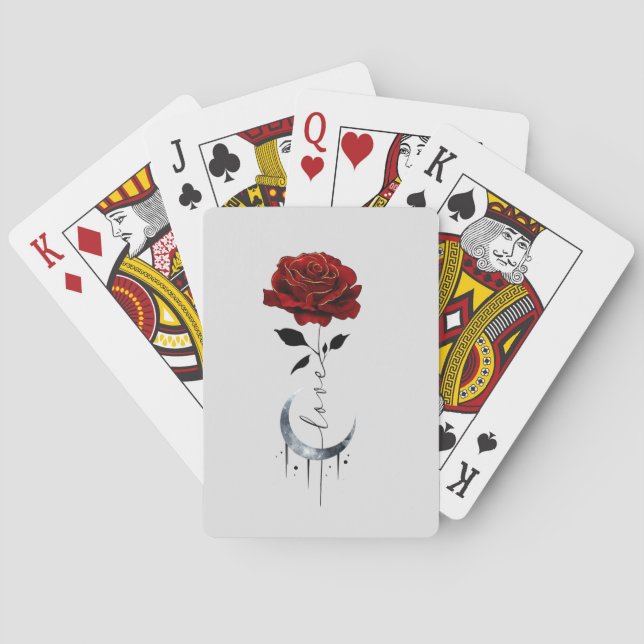 Rote Rose im Tattoo-Stil und Mondmond im Crescent- Spielkarten (Rückseite)