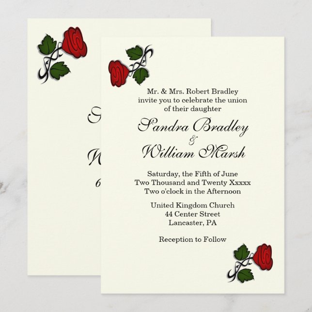 Rote Rose Ivory Classic Hochzeit Einladung (Vorne/Hinten)