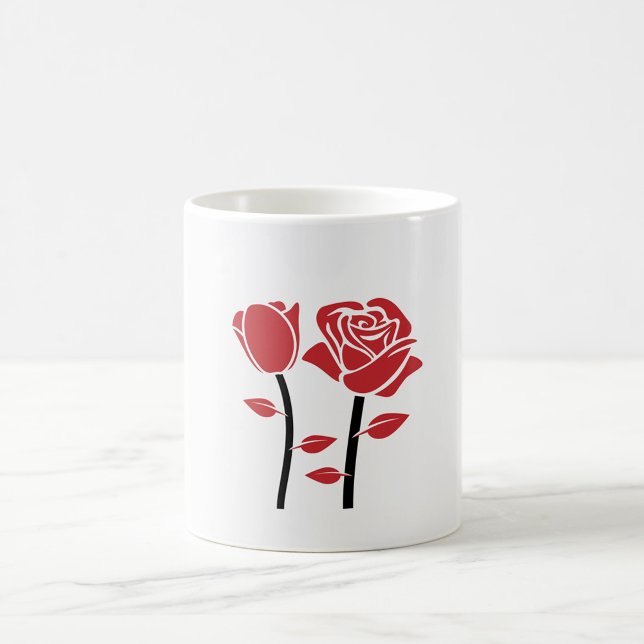 Rote Rose Kaffeetasse (A white mug featuring a minimalist design of red roses on a white surface.  )