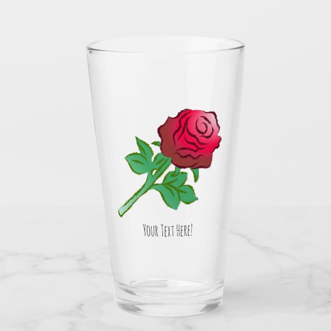Rote Rose mit grünen Blättern Glas (Vorderseite)