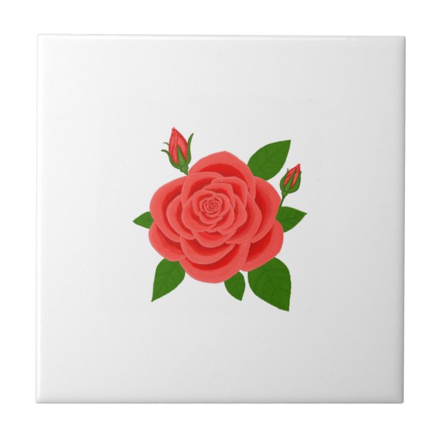 Rote Rose mit Knospen Weiße Keramikfliese (Vorderseite)