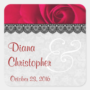 Rote Rose mit Lace Wedding Individuellen Namens V1 Quadratischer Aufkleber