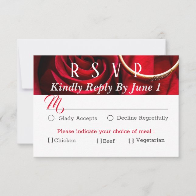 Rote Rose mit Ring Wedding RSVP Karte (Vorderseite)