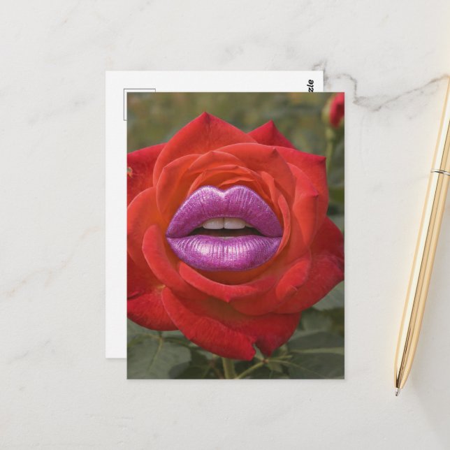 Rote Rose mit rosa Lippen Collage Postkarte (Vorderseite/Rückseite Beispiel)