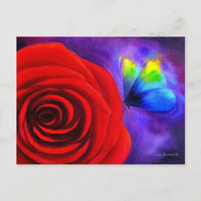 Rote Rose mit Schmetterlingsmalerei - Multimedia Postkarte (Vorderseite)