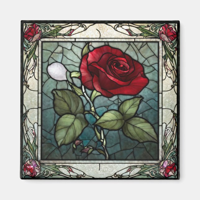 Rote Rose mit Weinrebenrand 2 Buntglas-Look Magnet (Vorne)