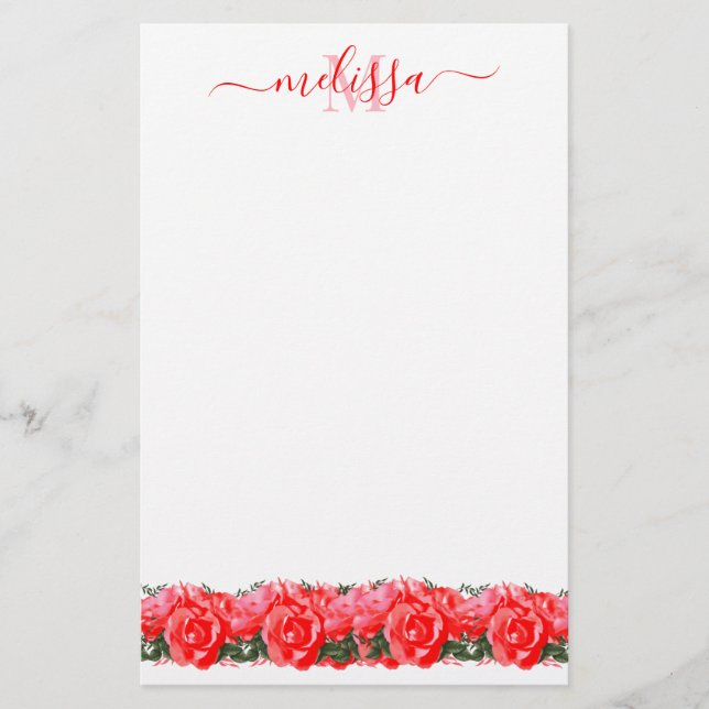 Rote Rose Monogram Elegant Stationery Paper Briefpapier (Vorderseite)