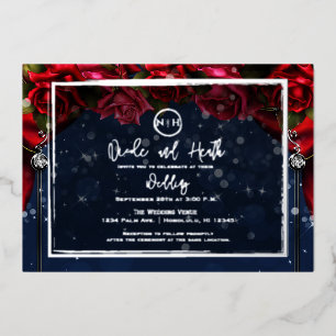 Rote Rose Navy Blau Glitzernde Glam Hochzeit Silbe Folieneinladung