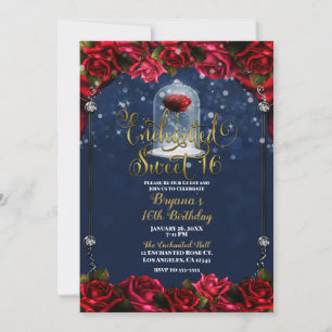 Rote Rose Navy Blau Gold Sweet 16 16. Party Einladung