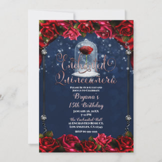 Rote Rose Navy Blue Gold Quinceañera 15 15. Party Einladung