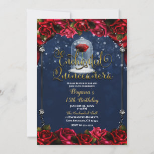 Rote Rose Navy Blue Gold Verzauberte Quinceñera 15 Einladung