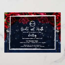 Rote Rose Navy Blue Sparkle Glam Wedding Silver Folieneinladung