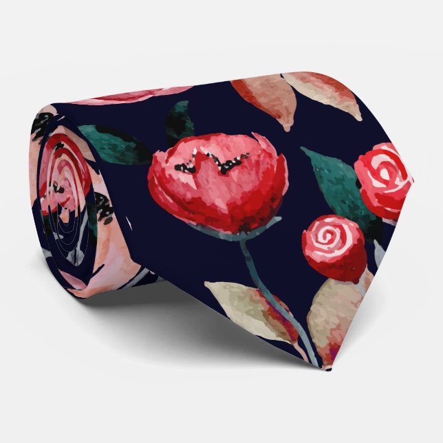 Rote Rose Navy Blue Watercolor Blumenmuster Krawatte (Gerollt)