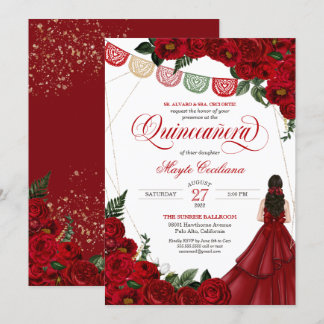 Rote Rose & Papel Picado Quinceñera 15. Geburtstag Einladung