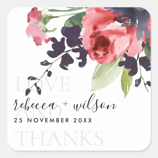 ROTE ROSE PEONY FLORAL LIEBE UND DANKE WEDEN QUADRATISCHER AUFKLEBER (Vorderseite)