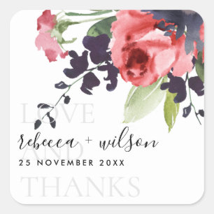 ROTE ROSE PEONY FLORAL LIEBE UND DANKE WEDEN QUADRATISCHER AUFKLEBER