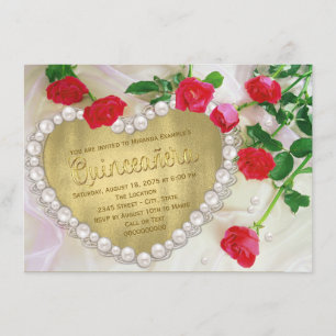 Rote Rose Perlen Herz Quinceañera Einladung