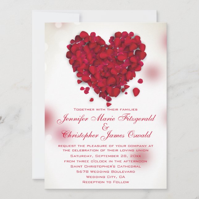 Rote Rose Petals Liebe Hochzeit Einladung (Vorderseite)